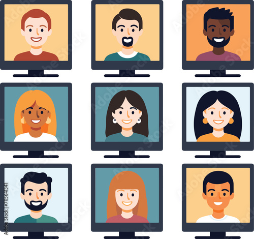 Diverse group of cartoon people smiling in computer screens. Nine happy, multiethnic characters in a grid of monitors. Online conference concept vector illustration.