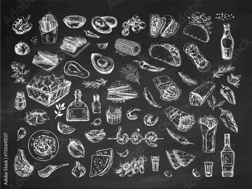 Hand-drawn set of realistic mexican dishes and products on chalkboard background. Vintage sketch drawings of Latin American cuisine. Vector ink illustration. Mexican culture. Latin America.