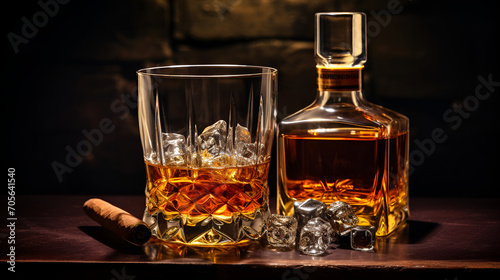 Whiskey with ice or brandy in glass with cigar on black background.  ai generartive