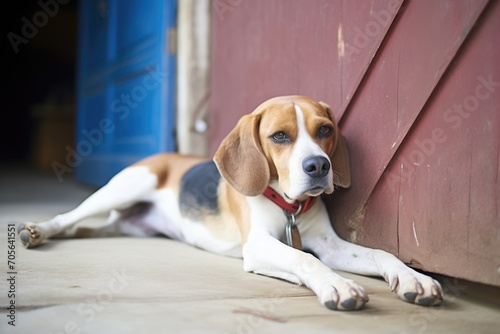 beagle lying down at the threshold of a barn door © studioworkstock