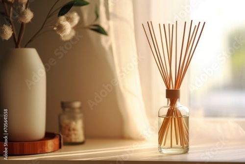 Incense sticks in a bottle at home on a table