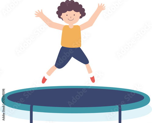 Young boy jumping happily on a trampoline, joyful kid having fun outdoors. Childhood playtime and active recreation vector illustration.