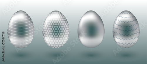 Easter set of silver eggs with different patterns. Easter eggs.