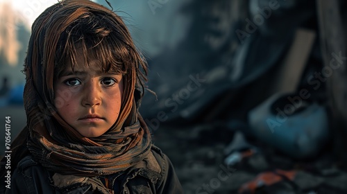 A child midst the ruin caused by war with sad face, Generative AI.