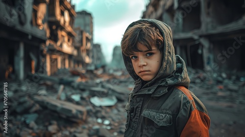 A child midst the ruin caused by war with sad face, Generative AI.