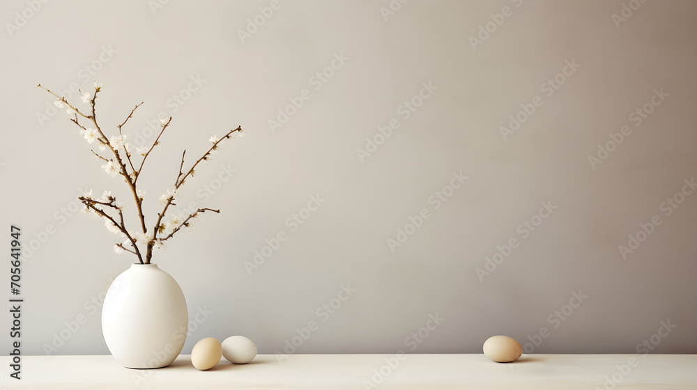 Minimalistic Easter still life. A vase with a branch with flowers and Easter eggs on a beige background. Interior photography. springtime. - obrazy, fototapety, plakaty 