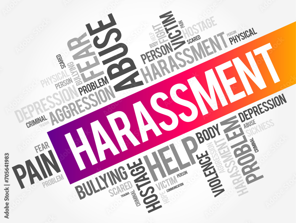 Harassment is unwelcome conduct that is based on race, color, religion, national origin, older age, disability, or genetic information, word cloud concept background Harassment is unwelcome conduct that is based on race, color, religion, national origin, older age, disability, or genetic information, word cloud concept background