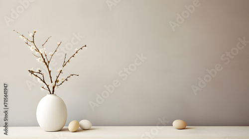 Minimalistic Easter still life. A vase with a branch with flowers and Easter eggs on a beige background. Interior photography. springtime.