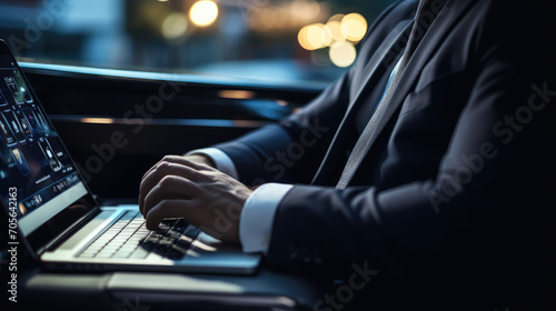 Successful businessman in a expensive suit sitting in the back seat of a luxury car and working on laptop © petrrgoskov