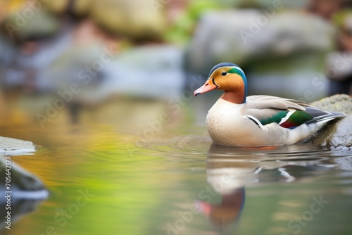 close-up of duck quacking on tranquil pond photo