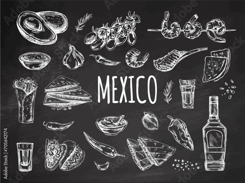 Hand-drawn set of realistic mexican dishes and products on chalkboard background. Vintage sketch drawings of Latin American cuisine. Vector ink illustration. Mexican culture. Latin America.