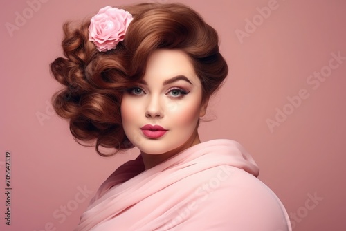 Full-figured woman with an elegant hairstyle adorned with a pink rose