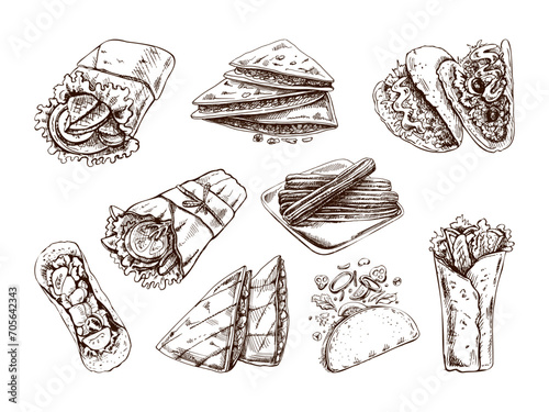 Hand-drawn set of realistic mexican dishes and products. Vintage sketch drawings of Latin American cuisine. Vector ink illustration. Mexican culture. Latin America.