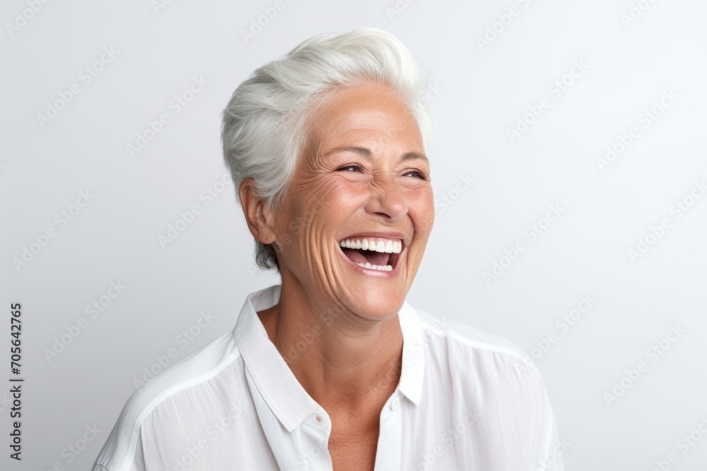 Studio Photo of Joyful Senior Woman Laughing. Photo Concept for Cosmetic or Dental Ads. Studio Photo of Joyful Senior Woman Laughing. Photo Concept for Cosmetic or Dental Ads.