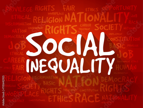 Social Inequality - condition of unequal access to the benefits of belonging to any society, word cloud concept background