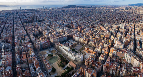 Aerial around the city Barcelona on an early sunny day in spring.