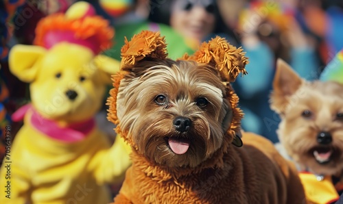 illustration of a cute yorkie as a brown bear at a carnival party