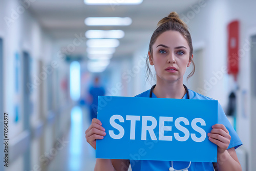 Overworked nurse or doctor holding a 'STRESS' sign, healthcare staff burnout. Shallow field of view.
 photo