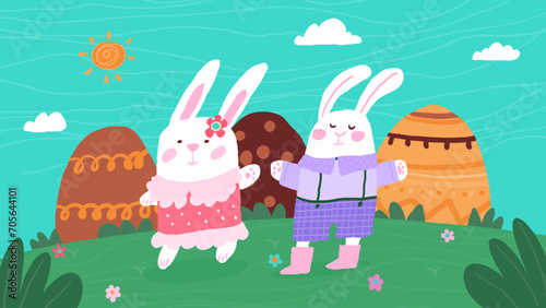 Easter bunny and eggs cute vector illustration