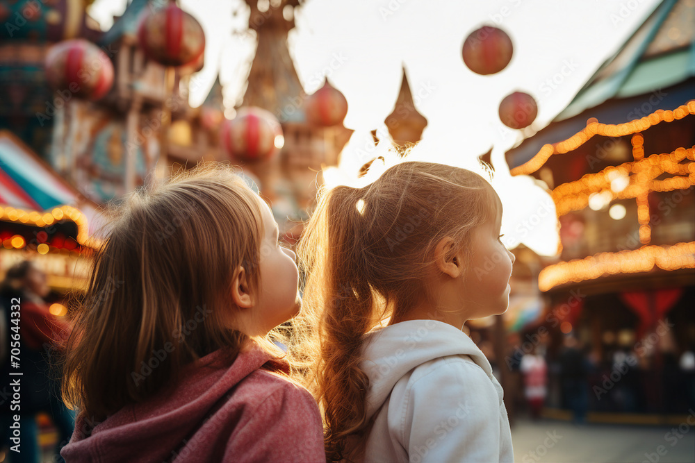 People cheerful good mood at amusement park sunny day at background Generative AI picture