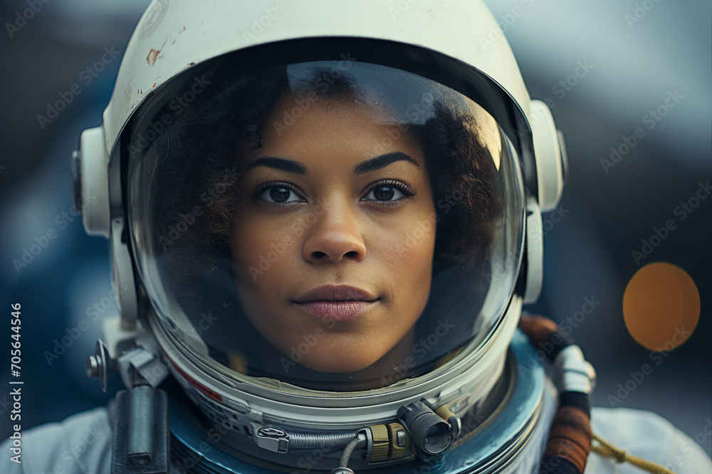 Generative AI picture of astronaut spaceman woman do space walk working space station in outer space futurism Generative AI picture of astronaut spaceman woman do space walk working space station in outer space futurism