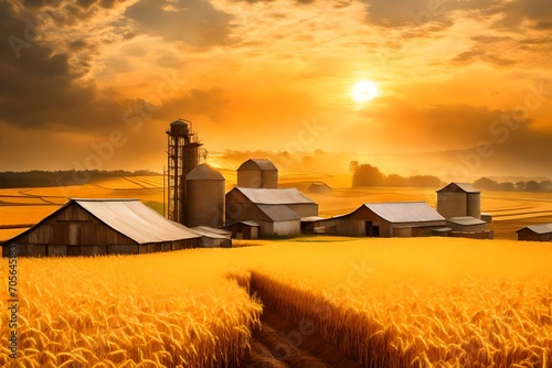  the storage and drying of various grains     wheat  corn  soy  sunflower     against a breathtaking golden sky backdrop  blending seamlessly with serene rice fields
