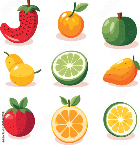Fototapeta Naklejka Na Ścianę i Meble -  Set of colorful tropical fruits with flat design. Juicy watermelon, orange, lime, and strawberry. Healthy eating and vegetarian food vector illustration.