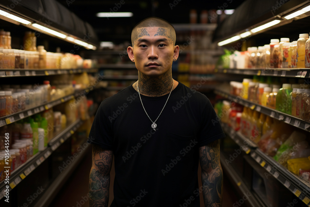 Photo of confident tattooed man in grocery market made with generative ai
