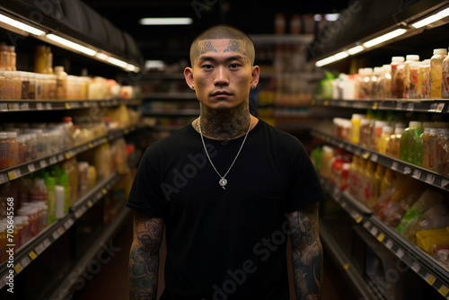Photo of confident tattooed man in grocery market made with generative ai