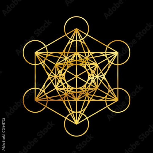 Metatron cube gold symbol isolated on black background. Sacred geometry golden symbol. photo