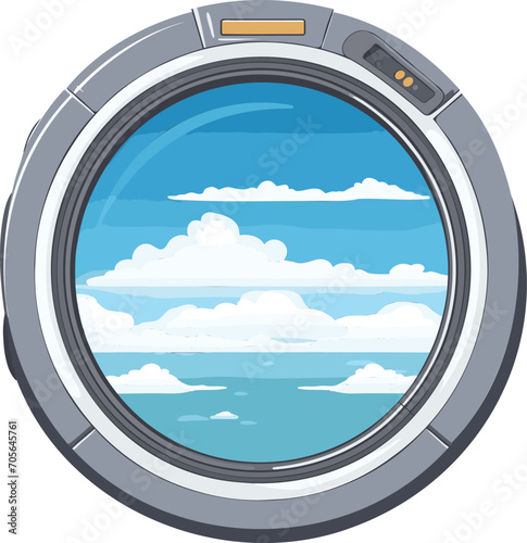 Airplane window view showing clouds and blue sky. Cartoon style porthole with serene sky scene. Travel and aviation concept vector illustration.