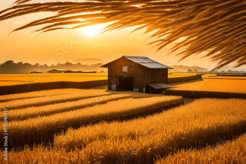  the storage and drying of various grains     wheat  corn  soy  sunflower     against a breathtaking golden sky backdrop  blending seamlessly with serene rice fields