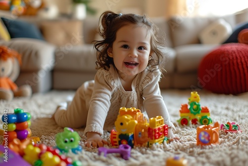 A girl with toys all around her plays on the carpet in the living room, Generative AI.