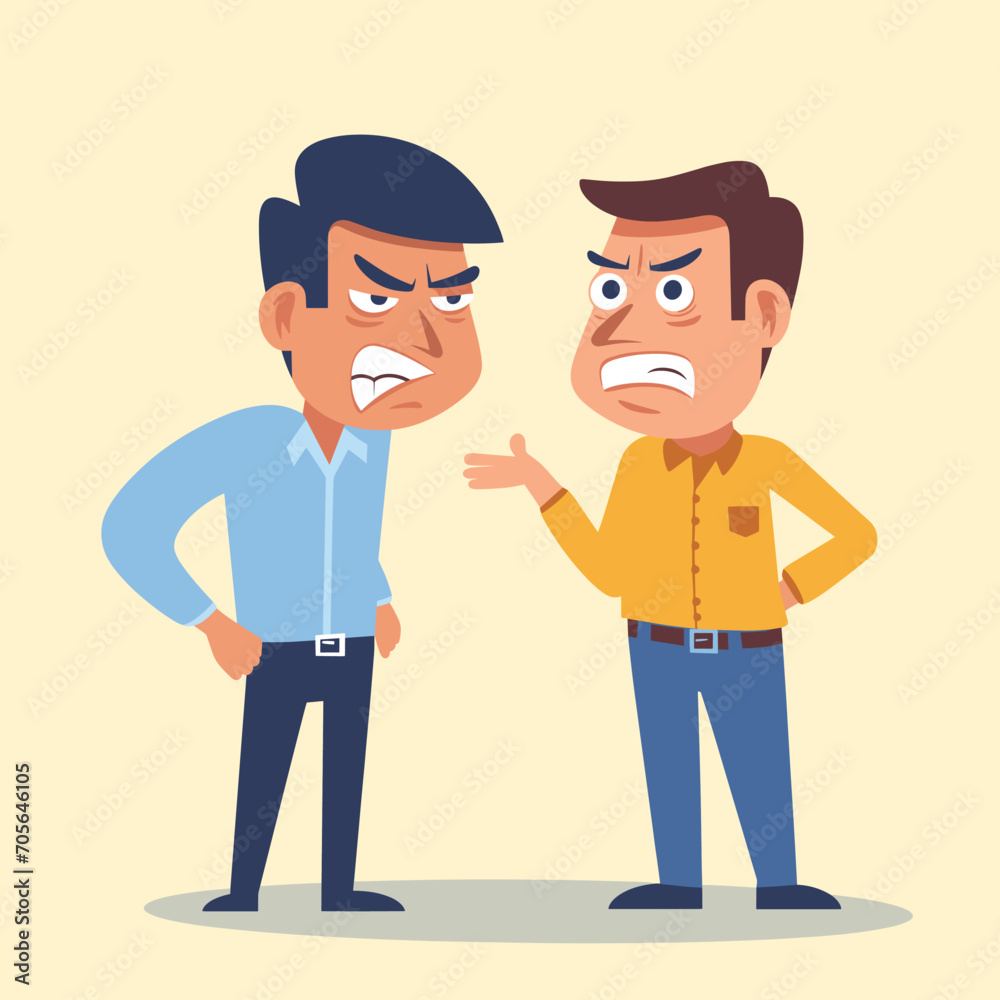 Two men arguing cartoon with angry expressions and gesturing. Office conflict between employees cartoon. Disagreement and problem solving vector illustration.