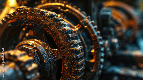 A detailed view of a machine with multiple gears. This image can be used to depict precision engineering, industrial processes, or the inner workings of a mechanical system