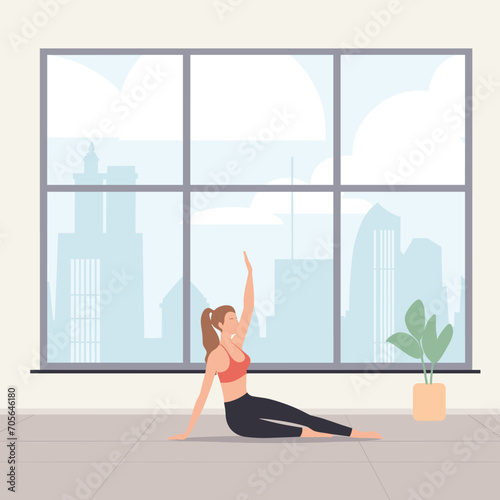 Young woman practicing yoga indoors with cityscape view. Fitness female performs stretching exercise, yoga pose. Wellness and healthy lifestyle concept vector illustration.