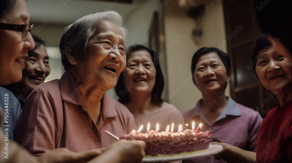 multigenerational asian women celebrate birthdays. created with ai