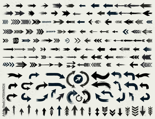 Big set of vector arrows in a hand drawn grunge style isolated on a light background. EPS 10.