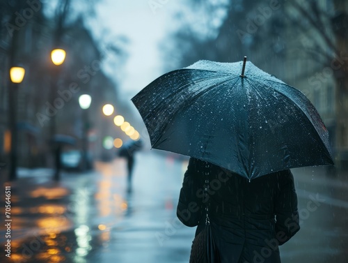 Person walking under an umbrella on a rainy street with glowing street lights and wet reflections.