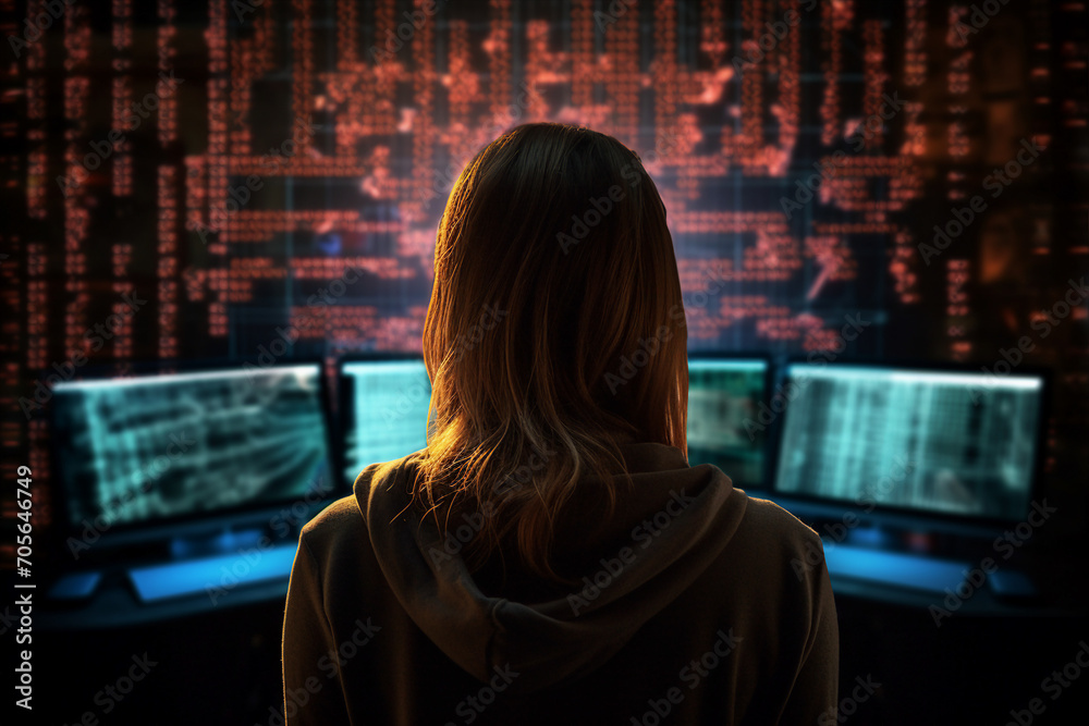 Secret hacker organization workplace data IT specialist near big screen with code Generative AI Secret hacker organization workplace data IT specialist near big screen with code Generative AI