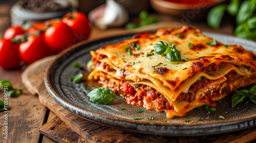 Traditional home cooked Italian Cusine, lasagne made with pasta, minced beef and bolognese sauce