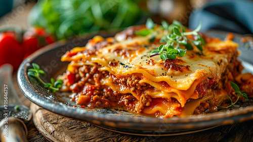Traditional home cooked Italian Cusine, lasagne made with pasta, minced beef and bolognese sauce