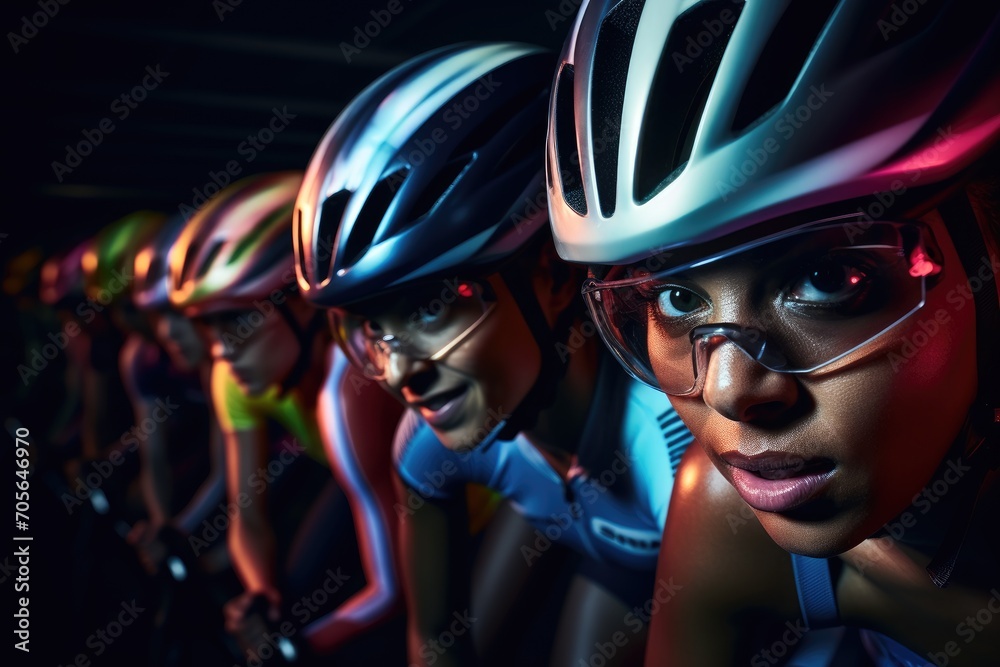 Female cyclist trainer leading on the stationary bike race exercise at night with gym group people in the dark workout class background. Female cyclist trainer leading on the stationary bike race exercise at night with gym group people in the dark workout class background.