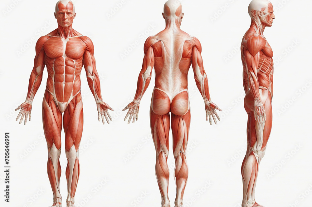 Skinless man, human anatomy and muscular system - obrazy, fototapety, plakaty 
