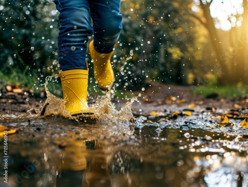 Bright yellow rain boots splashing into a large puddle on a rainy day, full of motion and energy.