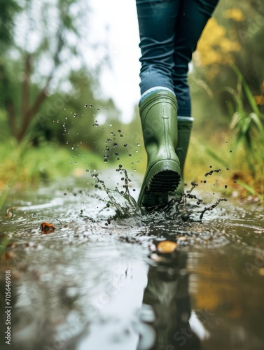 Person in green rain boots stepping into a water puddle, surrounded by fresh greenery and splashing water drops.