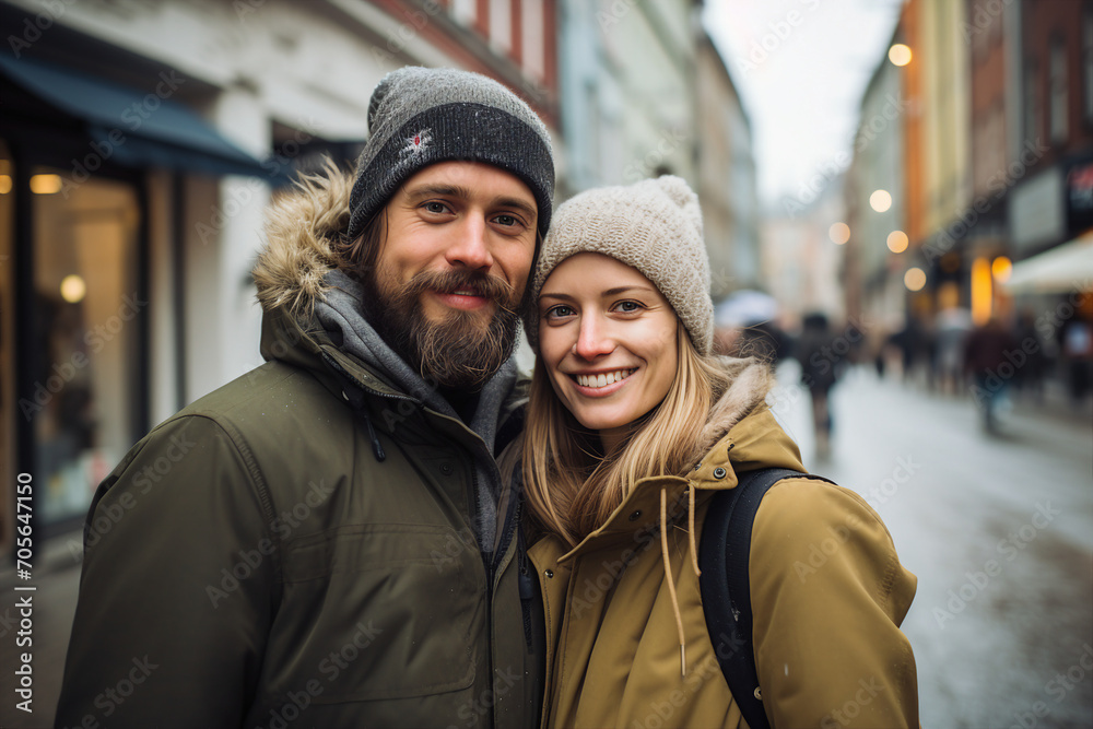 AI generated portrait of couple traveling in megapolis autumn day AI generated portrait of couple traveling in megapolis autumn day