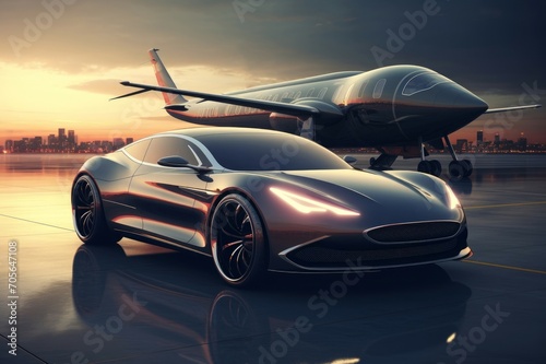 Extravagant Luxury car private jet. Air private. Generate Ai © juliars