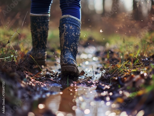 Detail of rain boots walking through muddy forest. 