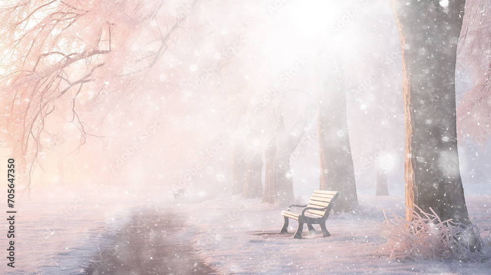 snowfall winter landscape, park bench, abstract background copy space, blurred light white snow falling, christmas postcard view
